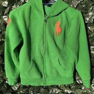Polo by Ralph Lauren Kids Green Zip-Up Hoodie with Orange Logo Size M (10‐12)